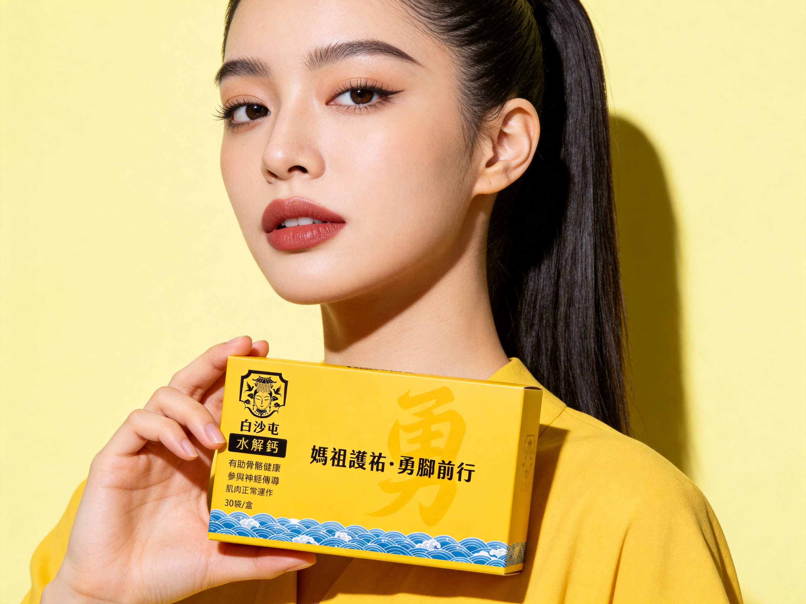 jimeng-2026-03-10-1847-韓系真人美女展示手中產品,產品尺寸147mm_92mm_30mm,精緻的妝容,皮...